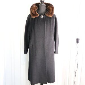 Vintage John W Thomas & Co Womens Wool Swing Coat Black Brown Mink Collar Size S